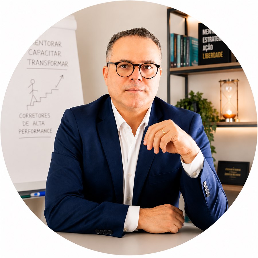 Romerio Fonseca em seu escritório, ao lado do quadro Mentorar, Capacitar, Transformar — Corretores de Alta Performance